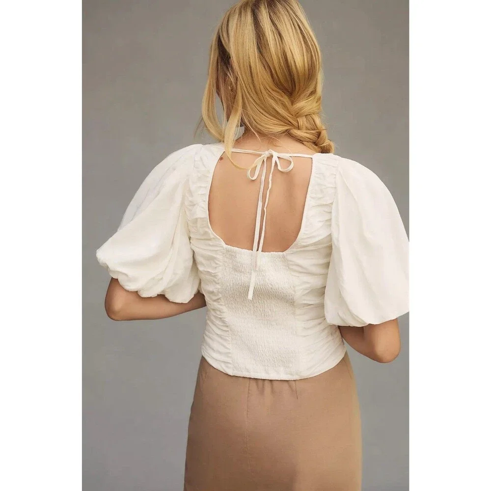 Anthropologie Pilcro Ruched Puff-Sleeve Top L Coquette Coastal Romantic Ballet